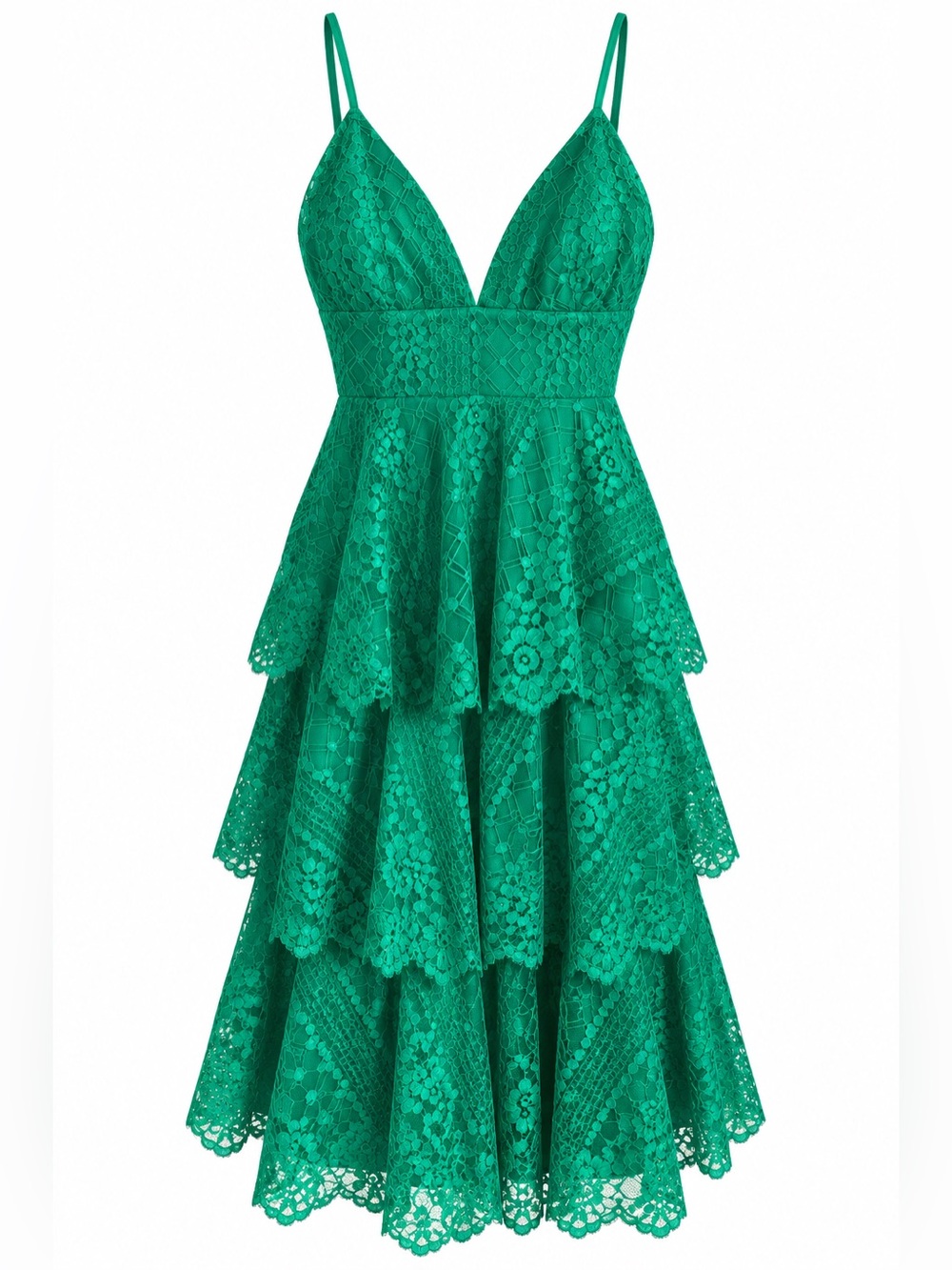 Lulu's Emerald Green Lace Tiered Spaghetti-Strap Dress